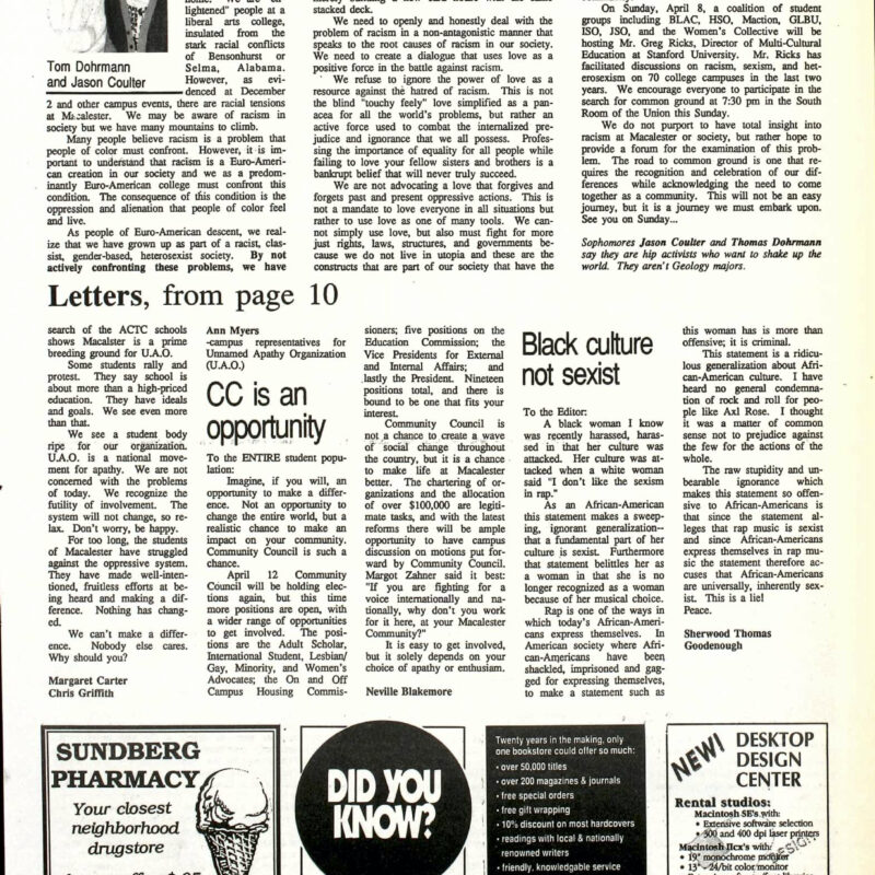Opinion and Letters; racism, Community Council, Black culture from Mac Weekly, April 6, 1990